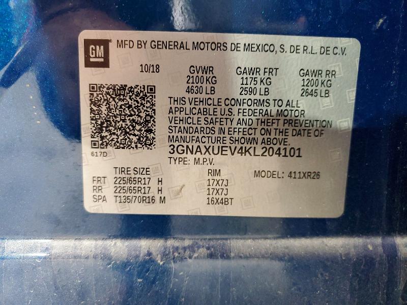 2019 Chevrolet Equinox მანქანა იყიდება აუქციონზე, vin: 3GNAXUEV4KL204101, აუქციონის ნომერი: 61776066