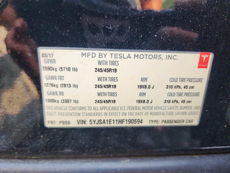 61293976 :رقم المزاد ، 5YJSA1E11HF190594 vin ، 2017 Tesla Model S مزاد بيع