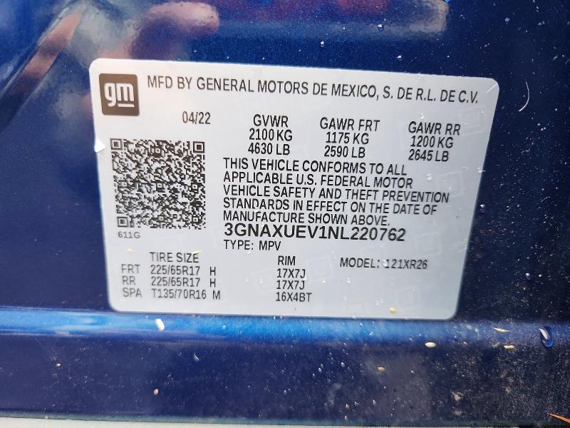 2022 Chevrolet Equinox მანქანა იყიდება აუქციონზე, vin: 3GNAXUEV1NL220762, აუქციონის ნომერი: 62683996