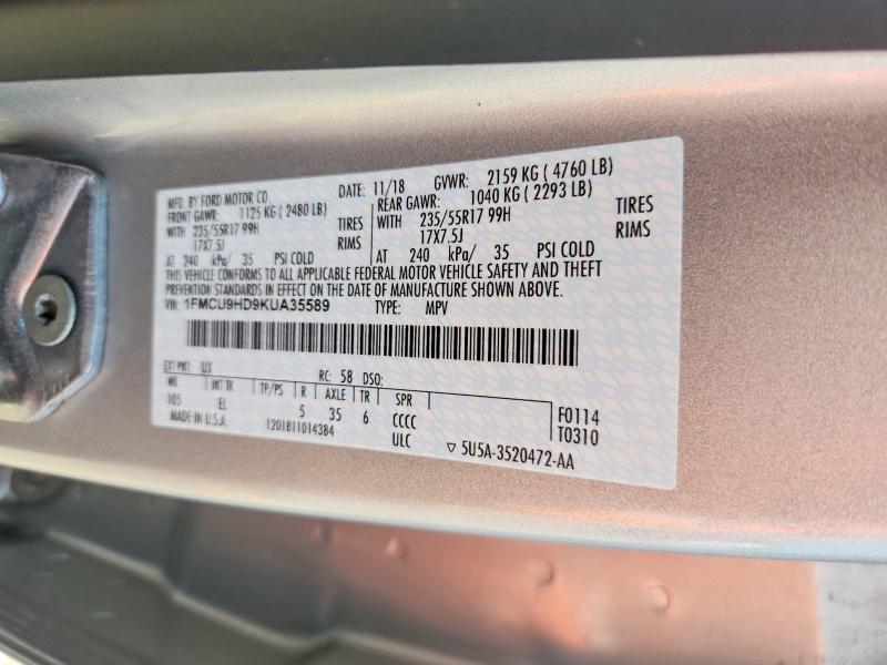 2019 Ford Escape მანქანა იყიდება აუქციონზე, vin: 1FMCU9HD9KUA35589, აუქციონის ნომერი: 59892326