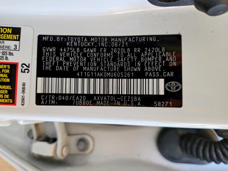 Aukcja sprzedaży 2021 Toyota Camry, vin: 4T1G11AK0MU605261, numer aukcji: 59861816