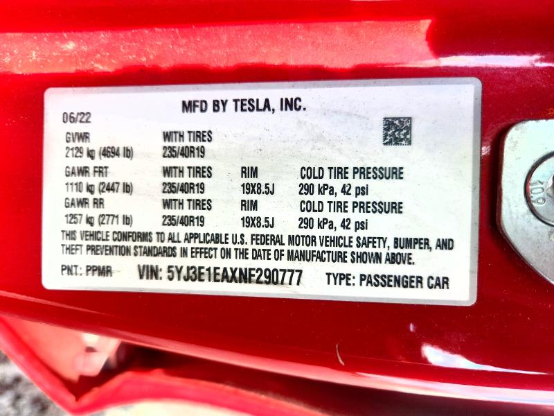 2022 Tesla Model 3 მანქანა იყიდება აუქციონზე, vin: 5YJ3E1EAXNF290777, აუქციონის ნომერი: 62825406