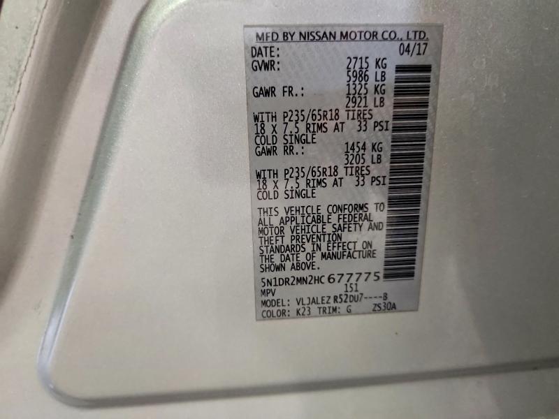2017 Nissan Pathfinder მანქანა იყიდება აუქციონზე, vin: 5N1DR2MN2HC677775, აუქციონის ნომერი: 60957336