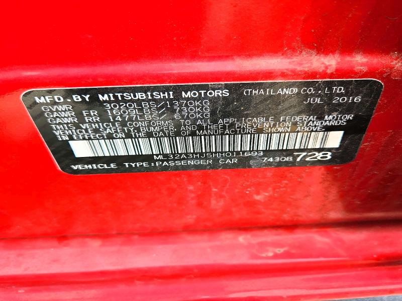 2017 Mitsubishi Mirage მანქანა იყიდება აუქციონზე, vin: ML32A3HJ5HH011693, აუქციონის ნომერი: 56048006