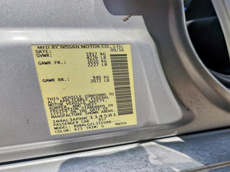 2017 Nissan Altima მანქანა იყიდება აუქციონზე, vin: 1N4AL3APXHC114581, აუქციონის ნომერი: 63505026