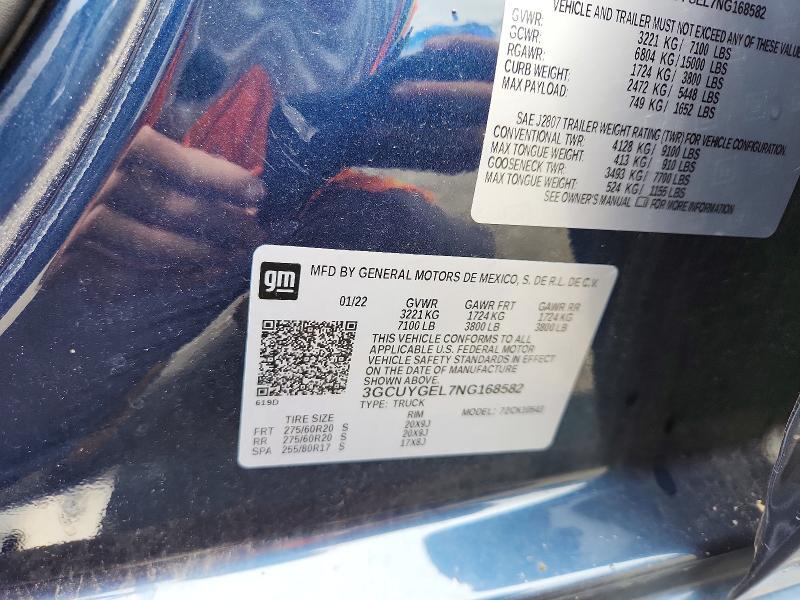 Продаж на аукціоні авто 2022 Chevrolet Silverado Ltd, vin: 3GCUYGEL7NG168582, номер лоту: 60005136