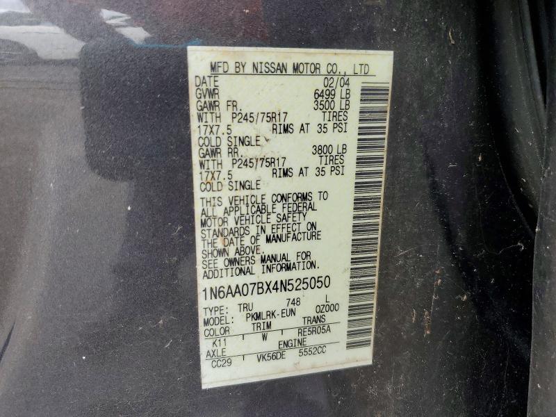 2004 Nissan Titan მანქანა იყიდება აუქციონზე, vin: 1N6AA07BX4N525050, აუქციონის ნომერი: 62126196
