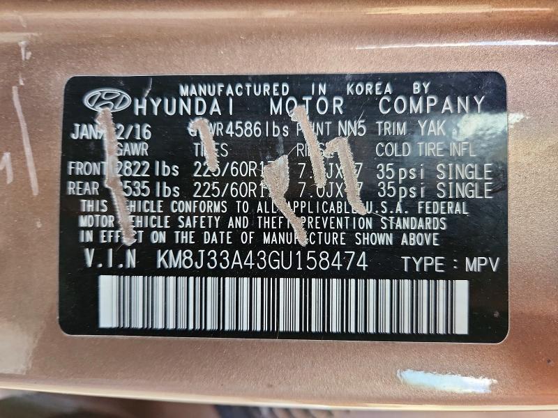 Aukcja sprzedaży 2016 Hyundai Tucson, vin: KM8J33A43GU158474, numer aukcji: 59747226