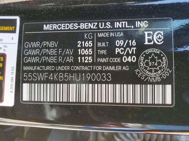 Продаж на аукціоні авто 2017 Mercedes-benz C, vin: 55SWF4KB5HU190033, номер лоту: 62181146