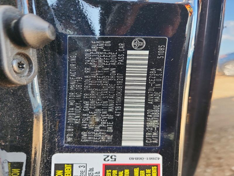 2019 Toyota Camry მანქანა იყიდება აუქციონზე, vin: 4T1B11HK0KU818207, აუქციონის ნომერი: 60401006
