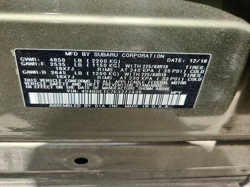 60244986 :رقم المزاد ، 4S4BSETC7K3277439 vin ، 2019 Subaru Outback مزاد بيع