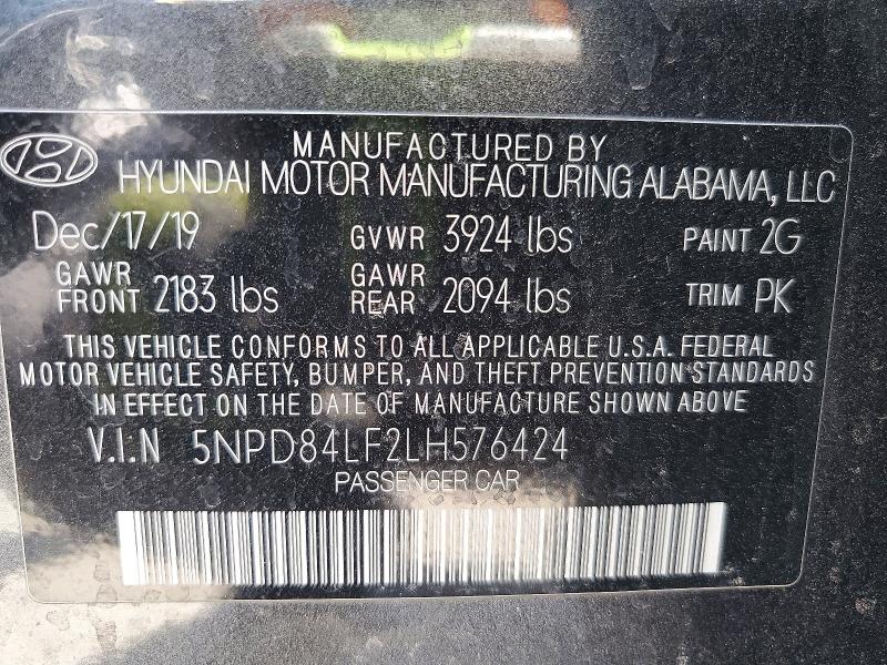 59727416 :رقم المزاد ، 5NPD84LF2LH576424 vin ، 2020 Hyundai Elantra مزاد بيع