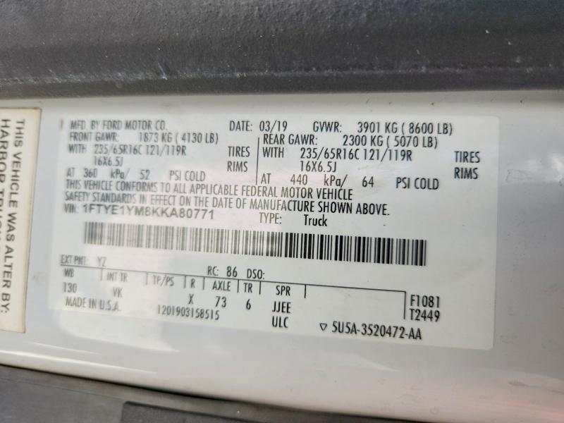 2019 Ford Transit მანქანა იყიდება აუქციონზე, vin: 1FTYE1YM8KKA80771, აუქციონის ნომერი: 60089766