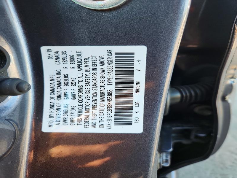 Продаж на аукціоні авто 2019 Honda Civic, vin: 2HGFC2F88KH563856, номер лоту: 60224756