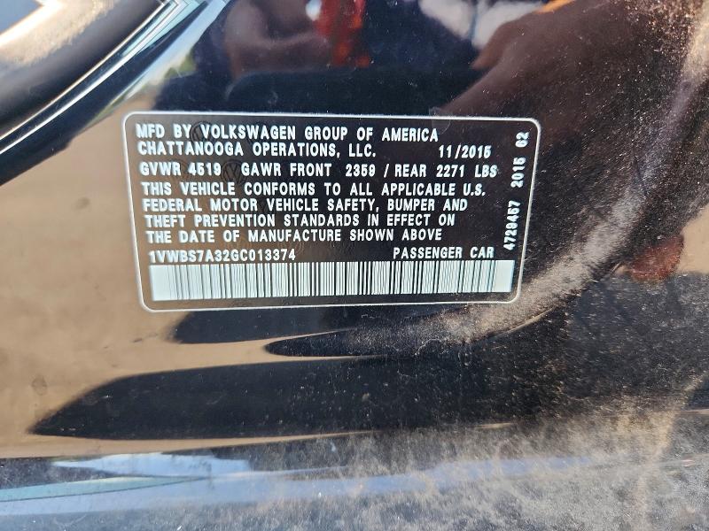 2016 Volkswagen Passat მანქანა იყიდება აუქციონზე, vin: 1VWBS7A32GC013374, აუქციონის ნომერი: 60157096