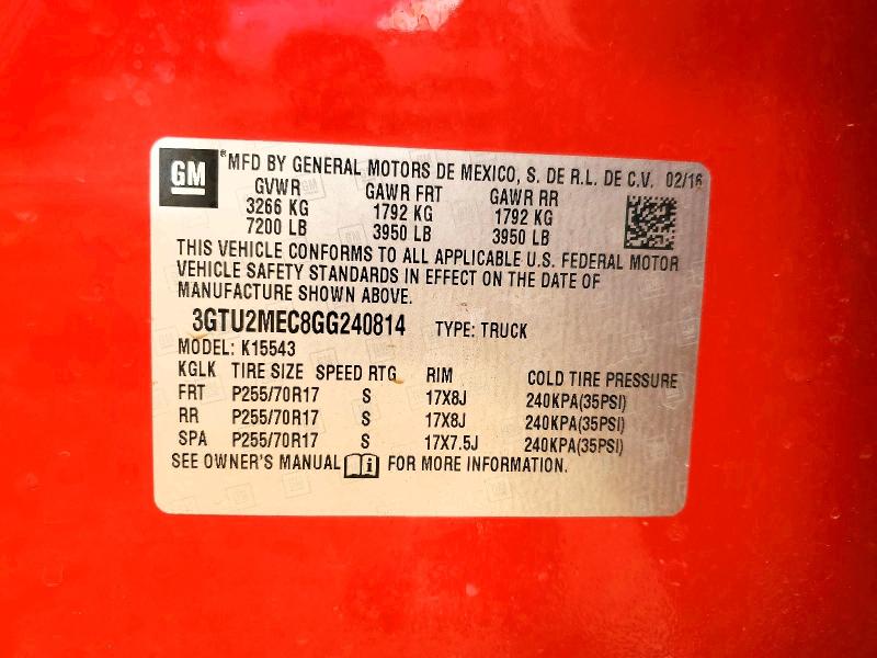 Aukcja sprzedaży 2016 Gmc Sierra, vin: 3GTU2MEC8GG240814, numer aukcji: 60080456