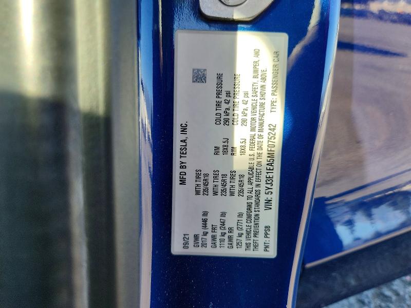 Продаж на аукціоні авто 2021 Tesla Model 3, vin: 5YJ3E1EA5MF075242, номер лоту: 59145486