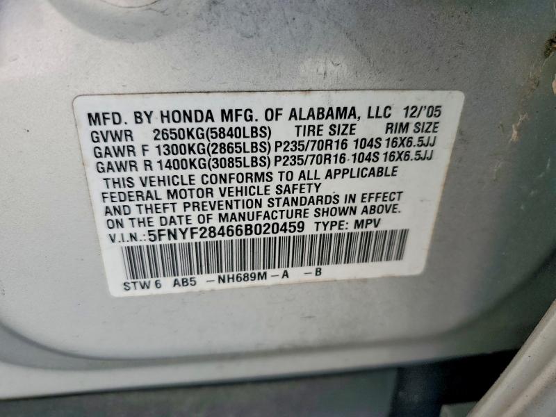 2006 Honda Pilot მანქანა იყიდება აუქციონზე, vin: 5FNYF28466B020459, აუქციონის ნომერი: 62970436