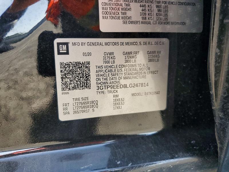 61139176 :رقم المزاد ، 3GTP9EED8LG247814 vin ، 2020 Gmc Sierra مزاد بيع
