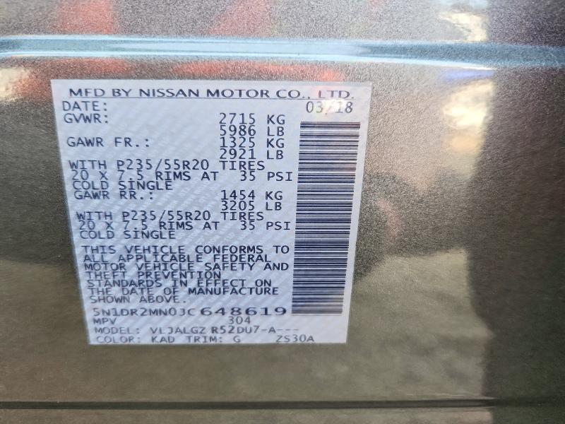 Aukcja sprzedaży 2018 Nissan Pathfinder, vin: 5N1DR2MN0JC648619, numer aukcji: 60712696