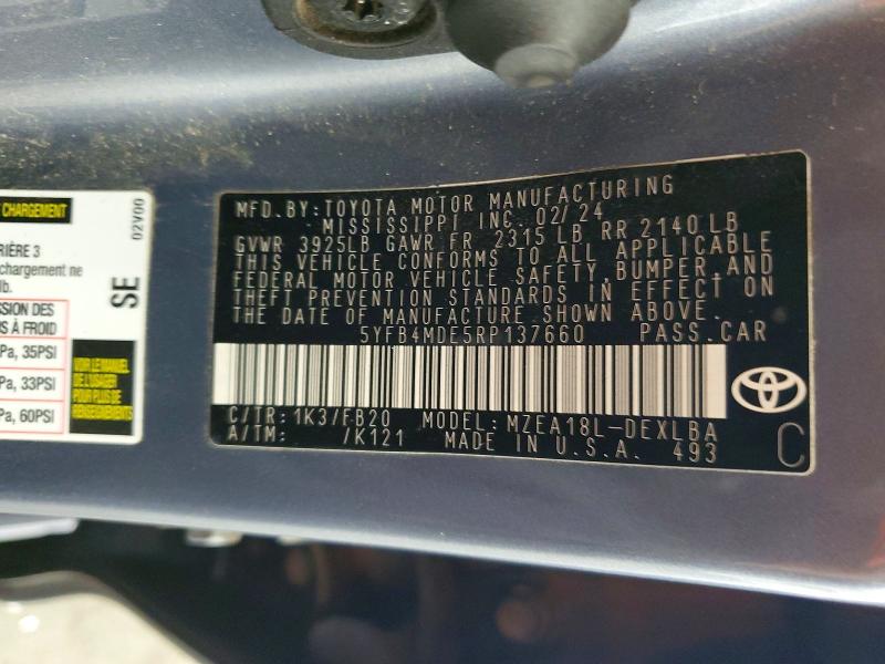 2024 Toyota Corolla მანქანა იყიდება აუქციონზე, vin: 5YFB4MDE5RP137660, აუქციონის ნომერი: 61597576