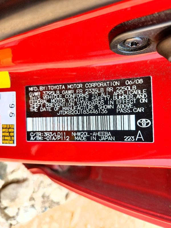 Aukcja sprzedaży 2008 Toyota Prius, vin: JTDKB20U183446136, numer aukcji: 62638976