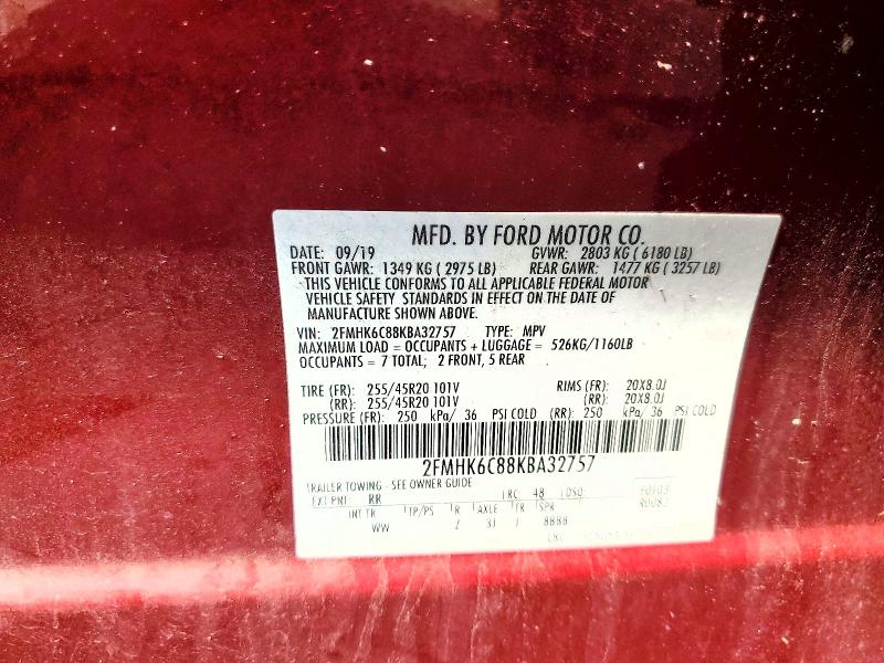 61128316 :رقم المزاد ، 2FMHK6C88KBA32757 vin ، 2019 Ford Flex مزاد بيع