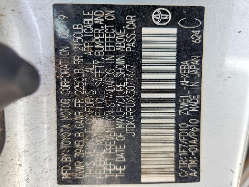 2019 Toyota Prius მანქანა იყიდება აუქციონზე, vin: JTDKARFUXK3077447, აუქციონის ნომერი: 54854686