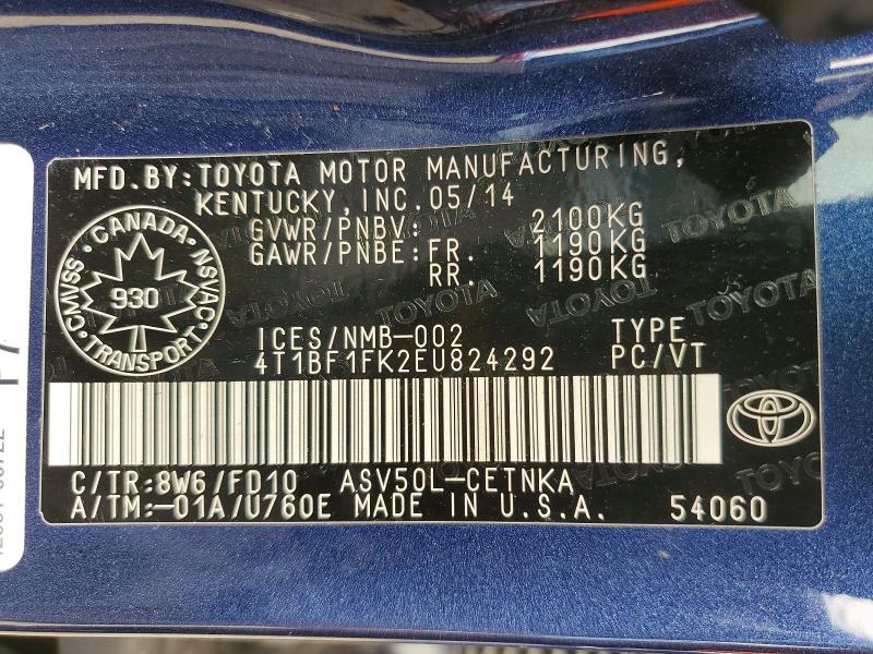Продаж на аукціоні авто 2014 Toyota Camry, vin: 4T1BF1FK2EU824292, номер лоту: 60251286