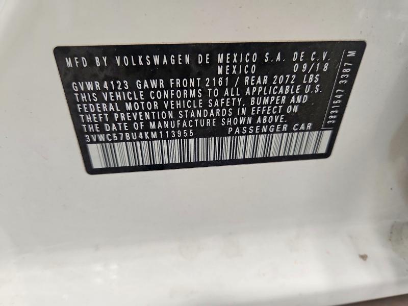 2019 Volkswagen Jetta მანქანა იყიდება აუქციონზე, vin: 3VWC57BU4KM113955, აუქციონის ნომერი: 62058706