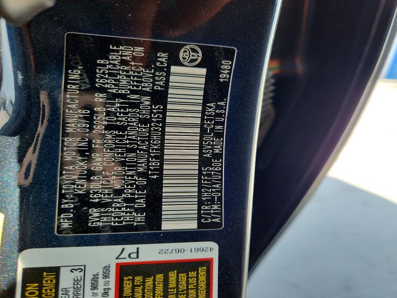 Продаж на аукціоні авто 2017 Toyota Camry, vin: 4T1BF1FK6HU321515, номер лоту: 63202016