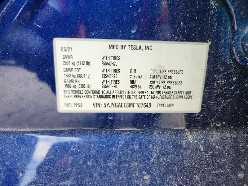 Продажа на аукционе авто 2021 Tesla Model Y, vin: 5YJYGAEE8MF187648, номер лота: 59293926