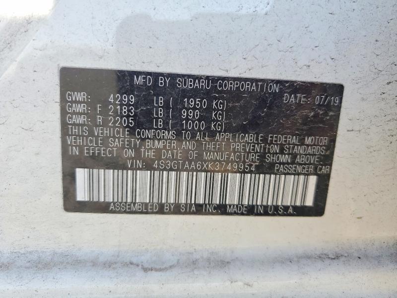 59720786 :رقم المزاد ، 4S3GTAA6XK3749954 vin ، 2019 Subaru Impreza مزاد بيع