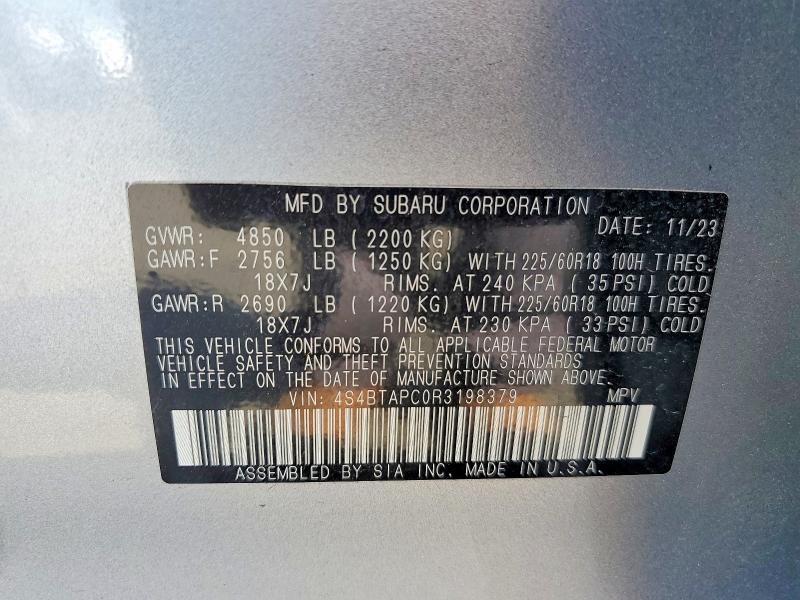 2024 Subaru Outback მანქანა იყიდება აუქციონზე, vin: 4S4BTAPC0R3198379, აუქციონის ნომერი: 61768786