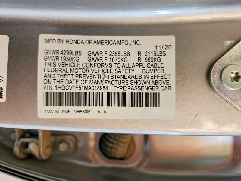 Продажа на аукционе авто 2021 Honda Accord, vin: 1HGCV1F51MA018984, номер лота: 61956426