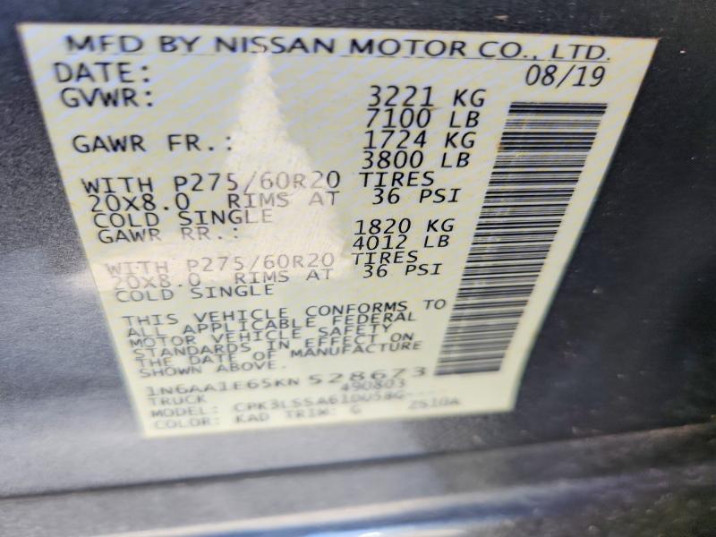 2019 Nissan Titan მანქანა იყიდება აუქციონზე, vin: 1N6AA1E65KN528673, აუქციონის ნომერი: 59770516