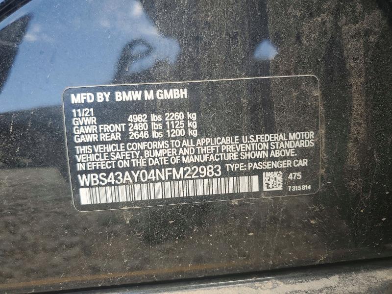 2022 Bmw M3 მანქანა იყიდება აუქციონზე, vin: WBS43AY04NFM22983, აუქციონის ნომერი: 60502426