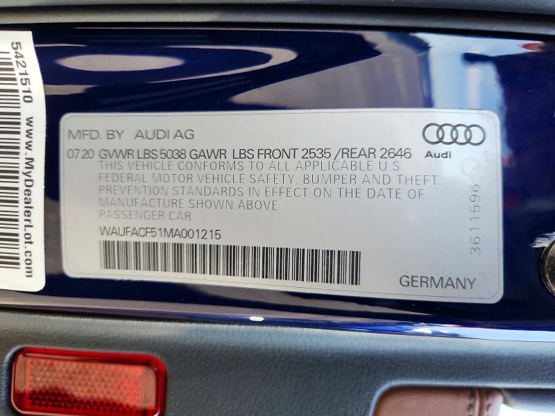 63359426 :رقم المزاد ، WAUFACF51MA001215 vin ، 2021 Audi A5 مزاد بيع