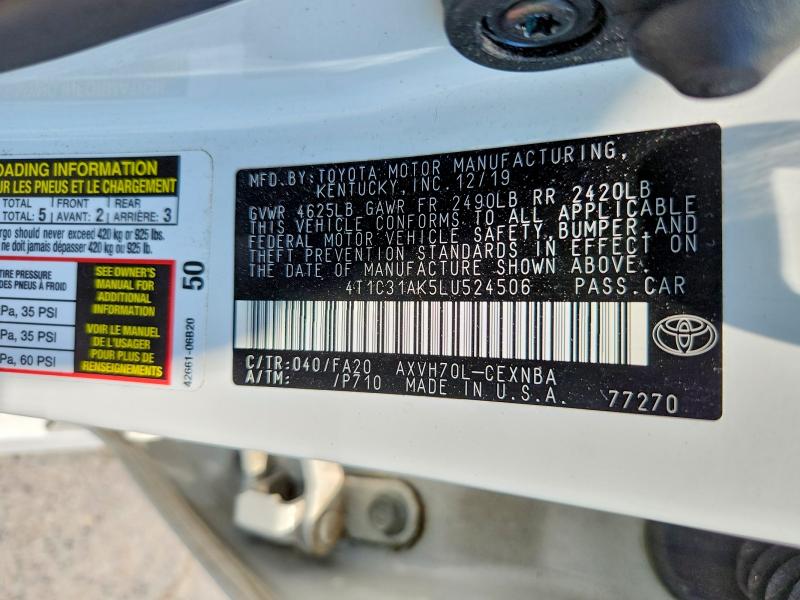 2020 Toyota Camry მანქანა იყიდება აუქციონზე, vin: 4T1C31AK5LU524506, აუქციონის ნომერი: 62518986