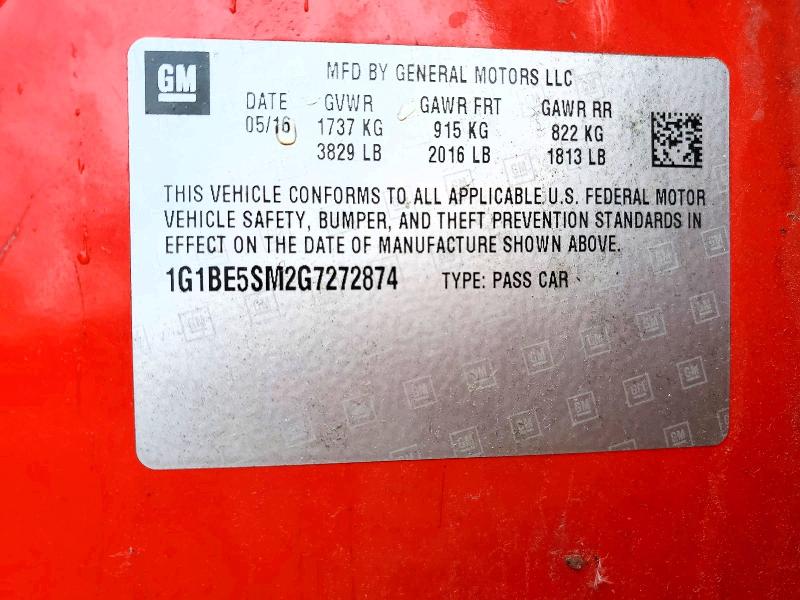 59879316 :رقم المزاد ، 1G1BE5SM2G7272874 vin ، 2016 Chevrolet Cruze مزاد بيع