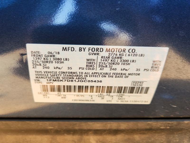 2018 Ford Explorer მანქანა იყიდება აუქციონზე, vin: 1FM5K7D81JGC05436, აუქციონის ნომერი: 61842356
