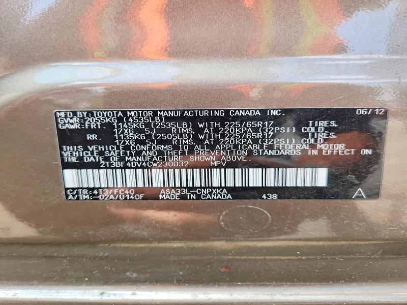 Aukcja sprzedaży 2012 Toyota Rav4, vin: 2T3BF4DV4CW230032, numer aukcji: 62507356