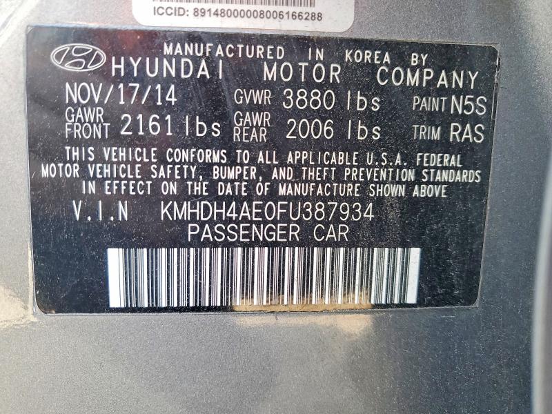 2015 Hyundai Elantra მანქანა იყიდება აუქციონზე, vin: KMHDH4AE0FU387934, აუქციონის ნომერი: 59695356