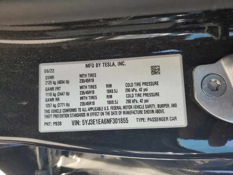 Aukcja sprzedaży 2022 Tesla Model 3, vin: 5YJ3E1EA6NF301855, numer aukcji: 62199366