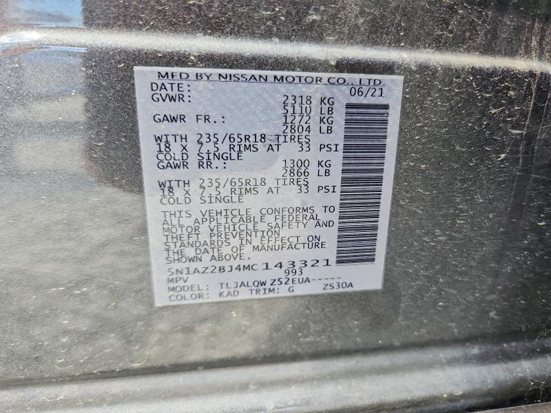 Aukcja sprzedaży 2021 Nissan Murano, vin: 5N1AZ2BJ4MC143321, numer aukcji: 58725336
