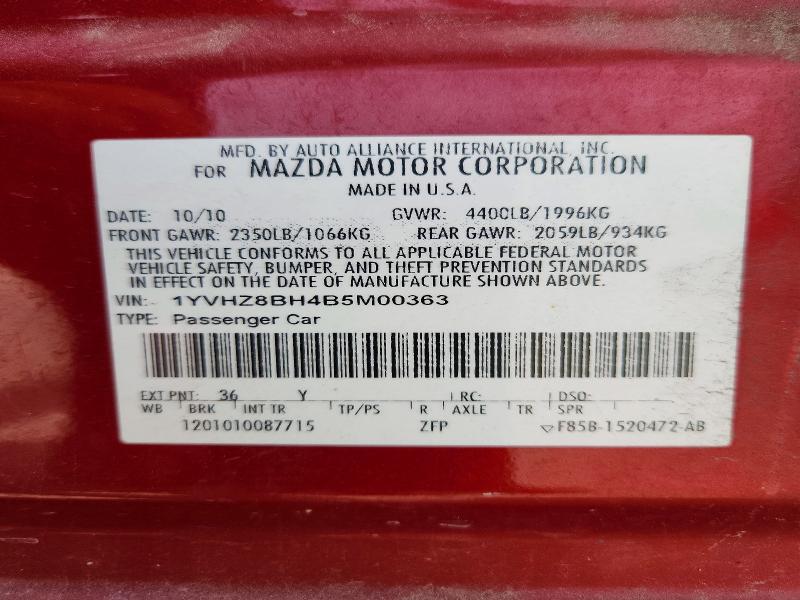 2011 Mazda 6 მანქანა იყიდება აუქციონზე, vin: 1YVHZ8BH4B5M00363, აუქციონის ნომერი: 59258046