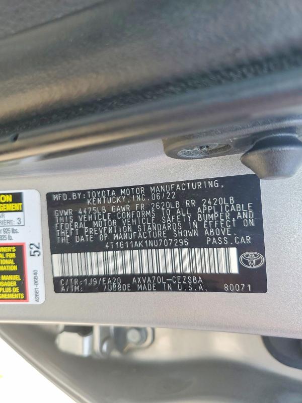 Продаж на аукціоні авто 2022 Toyota Camry, vin: 4T1G11AK1NU707296, номер лоту: 62476036