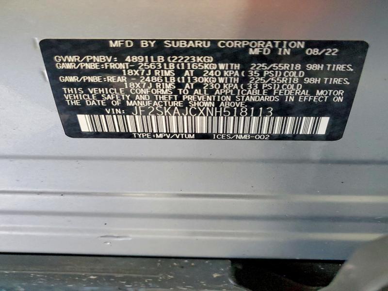 Aukcja sprzedaży 2022 Subaru Forester, vin: JF2SKAJCXNH518113, numer aukcji: 62023046