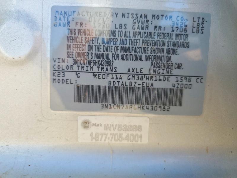 Auction sale of the 2017 Nissan Versa, vin: 3N1CN7AP6HK430982, lot number: 62357386