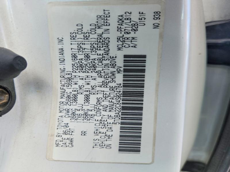 2004 Toyota Sienna მანქანა იყიდება აუქციონზე, vin: 5TDBA22C84S024784, აუქციონის ნომერი: 59723616